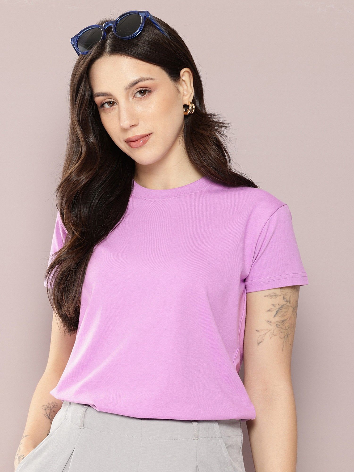dillinger Women Regular Fit Plain Lavender T-Shirt-picture-22