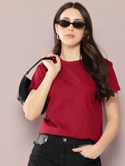 DILLINGER - Women Regular Fit Plain Maroon T-Shirt