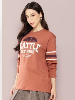 DILLINGER - Women Oversized Full Sleeve Typography Brown T-Shirt