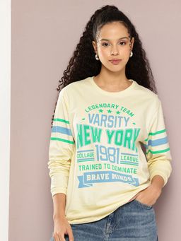 DILLINGER - Women Oversized Full Sleeve Typography Off White T-Shirt