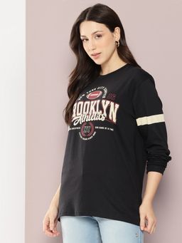 DILLINGER - Women Oversized Full Sleeve Typography Black T-Shirt
