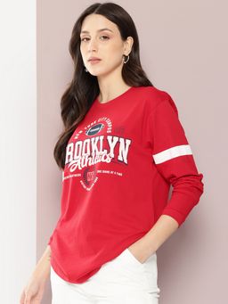 DILLINGER - Women Oversized Full Sleeve Graphic Printed Red T-Shirt