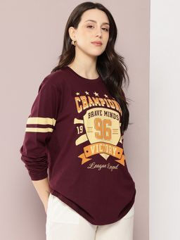 DILLINGER - Women Oversized Full Sleeve Graphic Printed Burgundy T-Shirt