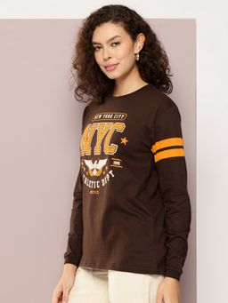 DILLINGER - Women Oversized Full Sleeve Graphic Brown T-Shirt