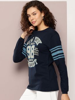 DILLINGER - Women Oversized Full Sleeve Navy Blue T-Shirt