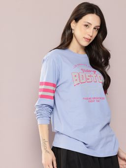 DILLINGER - Women Blue Oversized Full Sleeve Typography T-Shirt