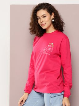 DILLINGER - Women'S Oversized Full Sleeve Embroidery Pink T-Shirt