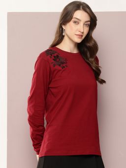 DILLINGER - Women'S Oversized Full Sleeve Embroidery Maroon T-Shirt