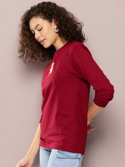 DILLINGER - Women Oversized Full Sleeve Embroidery Maroon T-Shirt