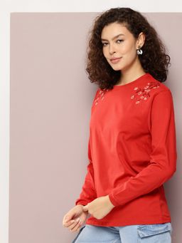 DILLINGER - Women Oversized Full Sleeve Embroidery Red T-Shirt