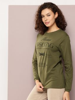 DILLINGER - Women Oversized Full Sleeve Graphic Print Olive T-Shirt