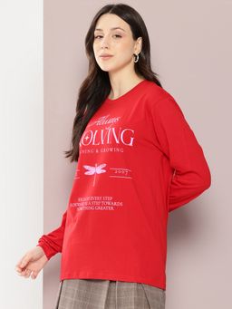 DILLINGER - Women Oversized Full Sleeve Graphic Print Red T-Shirt