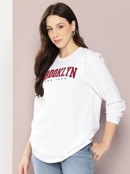 DILLINGER - Women Oversized Full Sleeve Chanley Embroidery White T-Shirt