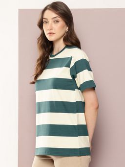 DILLINGER - Women Half Sleeve Oversized Yarn Dyed Green T-Shirt