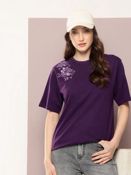 DILLINGER - Women Oversized Half Sleeve Embroidery Purple T-Shirt