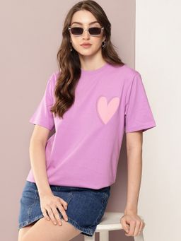 DILLINGER - Women Oversized Half Sleeve Embroidery Lavender T-Shirt