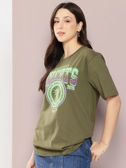 DILLINGER - Women Oversized Graphic Printed Olive T-Shirt