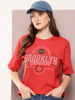 DILLINGER - Women Oversized Graphic Printed Red T-Shirt