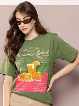 DILLINGER - Women Oversized Half Sleeve Graphic Printed Green T-Shirt