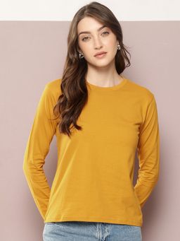 DILLINGER - Women Full Sleeve Regular Fit Plain Yellow T-Shirt