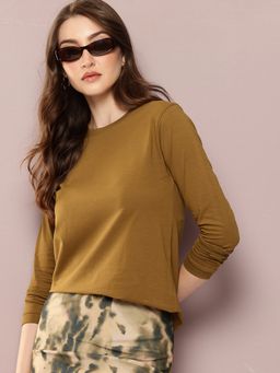 DILLINGER - Women Full Sleeve Regular Fit Plain Mustard T-Shirt
