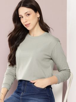 DILLINGER - Women Full Sleeve Regular Fit Plain Grey T-Shirt