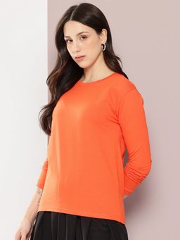 DILLINGER - Women Full Sleeve Regular Fit Plain Orange T-Shirt