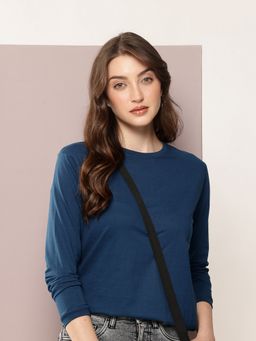 DILLINGER - Women Full Sleeve Regular Fit Plain Blue T-Shirt