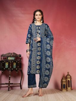 MEENA BAZAAR - Printed Blue Cotton Kurta with Pant and Dupatta