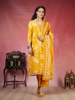 MEENA BAZAAR - Printed Mustard Cotton Kurta with Pant and Dupatta