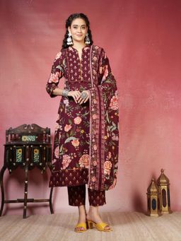 MEENA BAZAAR - Printed Wine Cotton Kurta with Pant and Dupatta