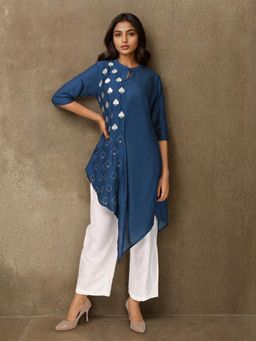Dora Dori - Blue Spade Motif Asymmetric Kurta with Pant