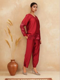 Dora Dori - Red Chanderi Organza Sequin Co-Ord Set