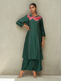 Dora Dori - Green Chanderi Kurta with Palazzo Kurta with Pant