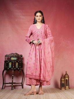 MEENA BAZAAR - Printed Pink Cotton Kurta with Pant and Dupatta