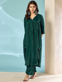 InWeave - Teal Green Velvet Flared Kurta with Pant