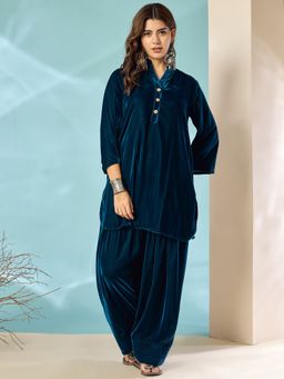 InWeave - Peacock Teal Velvet Kurta with Salwar