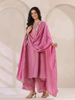 Rangdeep - Pink Tissue Round Neck Kurta with Pant & Dupatta