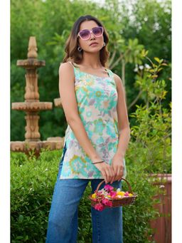 Vbuyz - Women Turquoise Cotton Floral Top