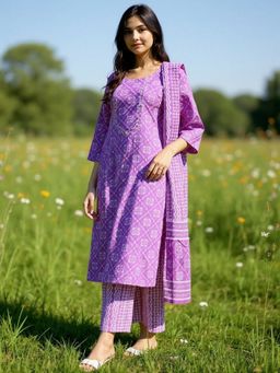 Rangita - Women Purple Cotton Printed Straight Kurta with Pant and Dupatta