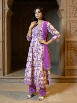 Rangita - Women Purple Rayon Printed Straight Kurta with Pant and Dupatta