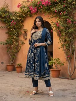Rangita - Women Navy Blue Rayon Embroidered Kurta with Pant and Dupatta
