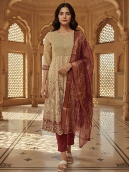 Rangita - Women Beige Poly Viscose Embroidered Kurta with Pant and Dupatta