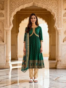 Rangita - Women Green Poly Viscose Embroidered Kurta with Pant and Dupatta