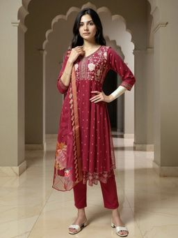 Rangita - Women Wine Poly Viscose Embroidered Kurta with Pant and Dupatta