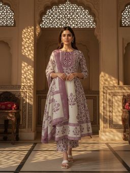 Rangita - Women Off White Cotton Embroidered Kurta with Pant and Dupatta