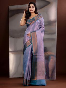 CHARUKRITI - Light Blue Silk Blend Zari Handwoven Saree with Unstitched Blouse