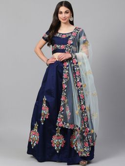 Readiprint - Navy Blue Semi-Stitched Lehenga & Blouse with Dupatta (Set of 3)