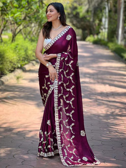 Odette - Wine Embroidered Silk Blend Saree with Unstitched Blouse