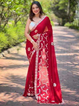Odette - Red Embroidered Silk Blend Saree with Unstitched Blouse